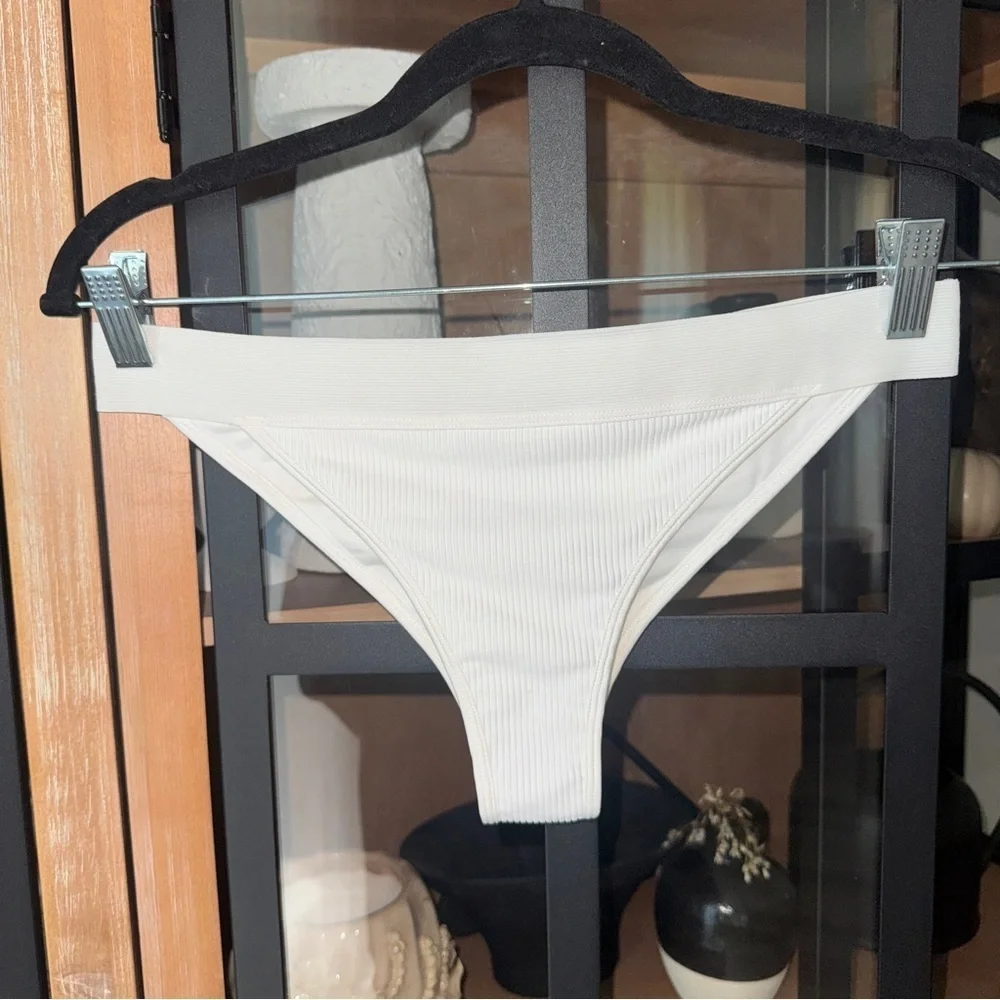 Frankie’s Bikinis Drew White Ribbed Swimsuit Bottoms cheeky elastic band